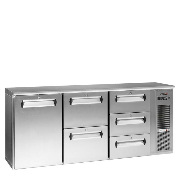 3 door E3 counter viewed from an angle with a best seller banner. The counter is fitted with solid doors.